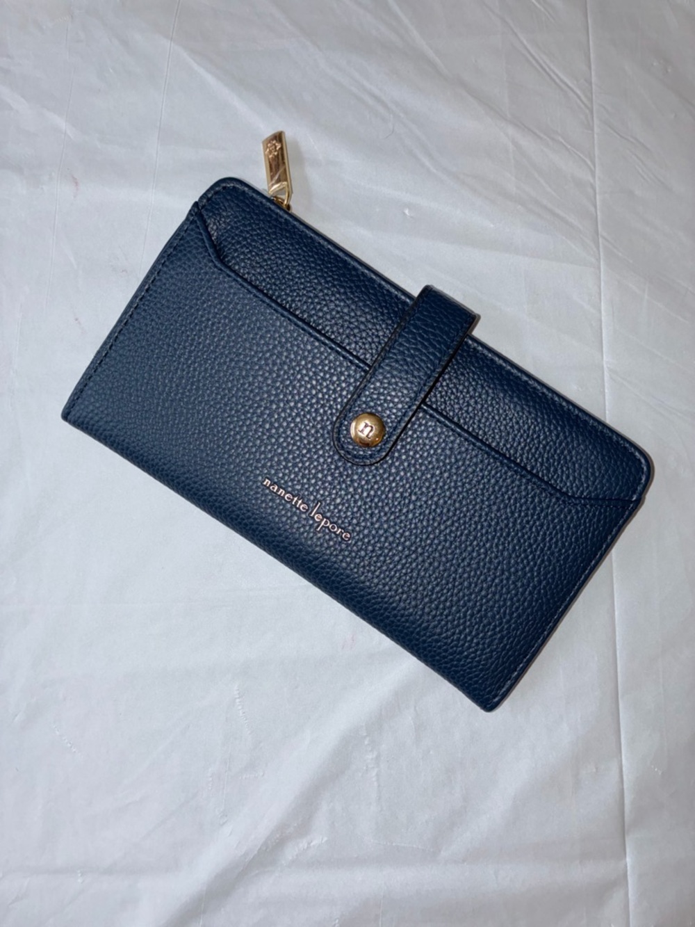 Nanette Lepore Navy Blue Pebbled Leather Bifold Wallet with Gold Hardware